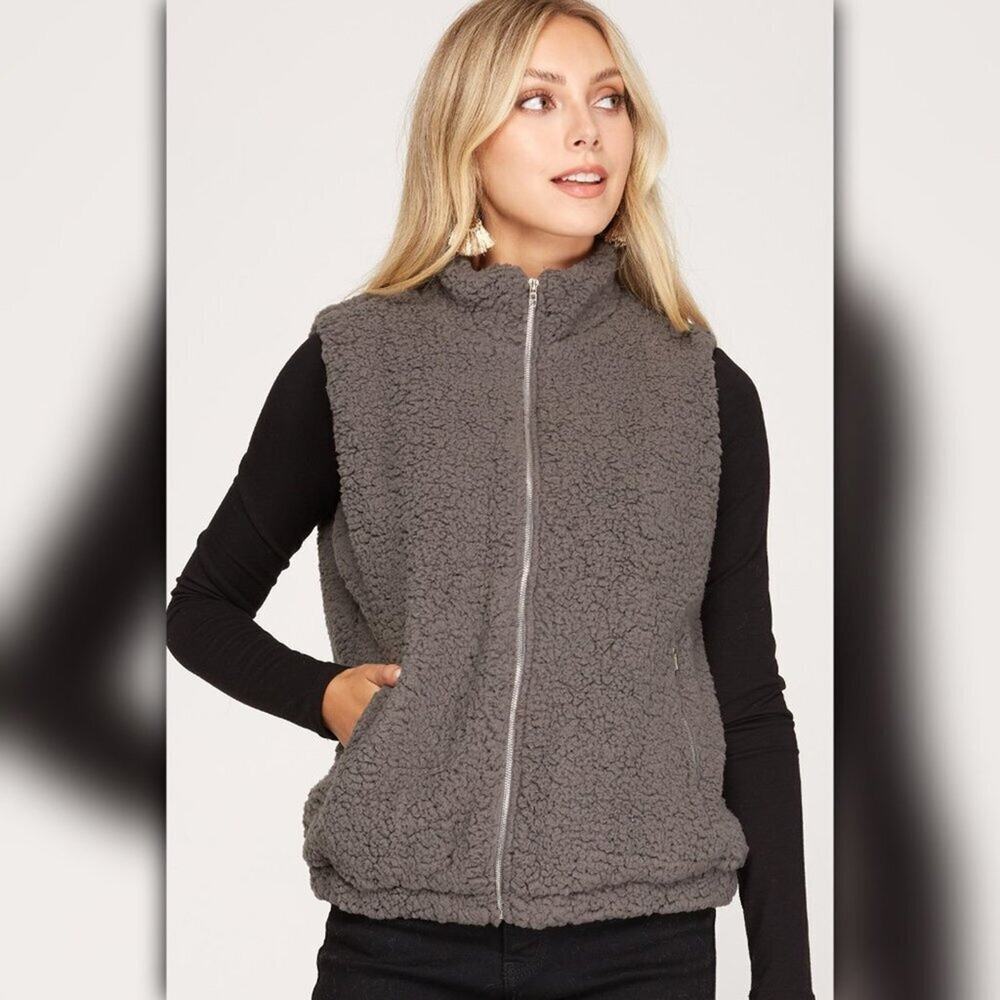 A130 • Grey Teddy Sherpa Zip Front High Neck Vest